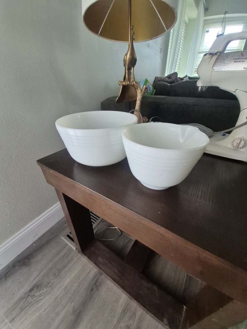 Hamilton Beach Milk Glass Ribbed Mixing Bowls White, one regular, one with Pour